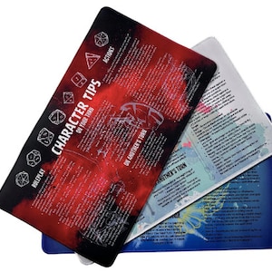 May include: Three different game mats with a red, white, and blue color scheme. The mats feature dice and text that reads "Character Tips", "On Your Turn", "On Another's Turn", and "Roleplay".