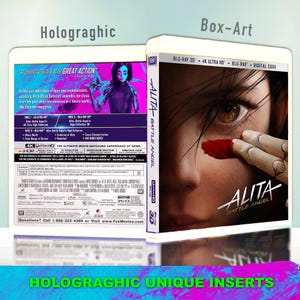 May include: A Blu-ray box set for the movie "Alita: Battle Angel." The cover features a close-up of a woman's face with a red mark and the title. The back of the box has text and images. The set includes 4K Ultra HD, Blu-ray, and a digital code.