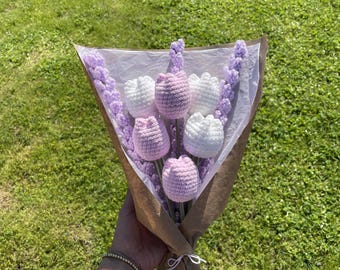 HANDMADE CUSTOMIZABLE Crochet Bouquet: 6 Tulips + 3 Lavender