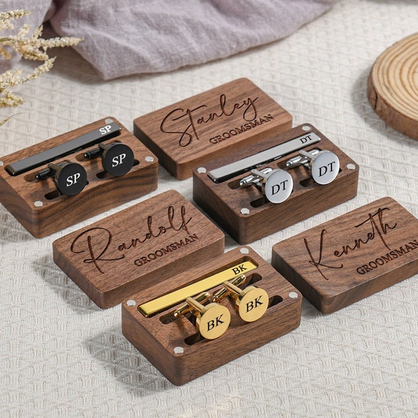 Groomsmen Cufflinks and Tie Clip Set, Personalized Cufflinks with Box, Groomsmen Gift Set,Custom Engraved Metal Cuff Links & Tie Bar for Men