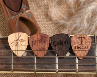 Gepersonaliseerde houten gitaarpick, op maat gegraveerde houten gitaardoos, gitaarplectrum, pick-opslag, uniek muziekcadeau voor gitarist-muzikanten
