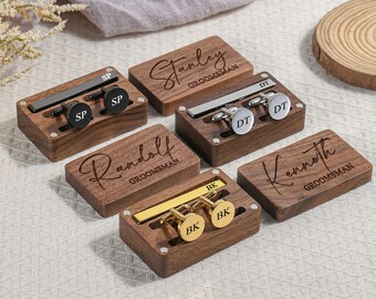 Groomsmen Cufflinks and Tie Clip Set, Personalized Cufflinks with Box, Groomsmen Gift Set,Custom Engraved Metal Cuff Links & Tie Bar for Men