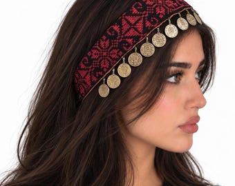 Red Tatreez Headband with Coins