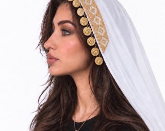 Cultural Palestinian White and Gold Tatreez Tarha/Veil with Coins