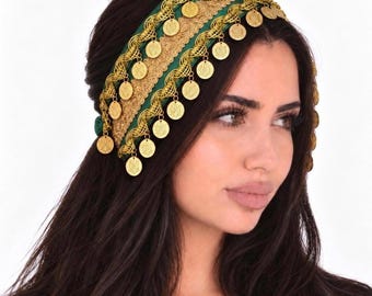 Elegant Cultural Satin Emerald Green and Gold Coin Headpiece with Straps