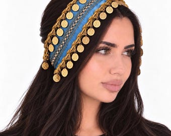 Elegant Blue Palestinian Coin Headpiece | Cultural Middle Eastern Head Accesory