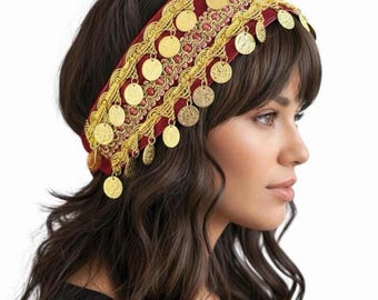 Elegant Cultural Satin Burgundy Coin Headpiece | Middle Eastern Head Accesory