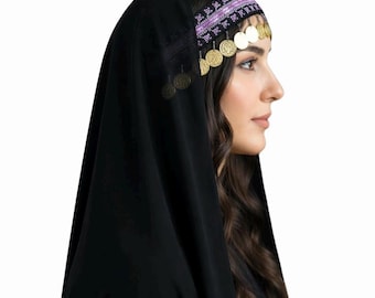 Cultural Palestinian Purple Tatreez Tarha/Veil with Coins