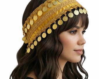 Elegant Cultural Satin Gold Coin Headpiece | Middle Eastern Head Accesory