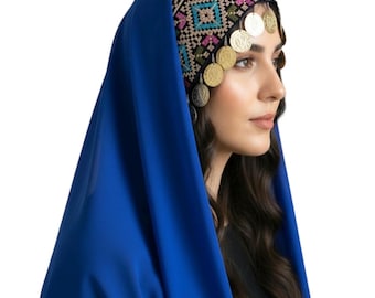 Cultural Palestinian Blue Tatreez Tarha/Veil with Coins