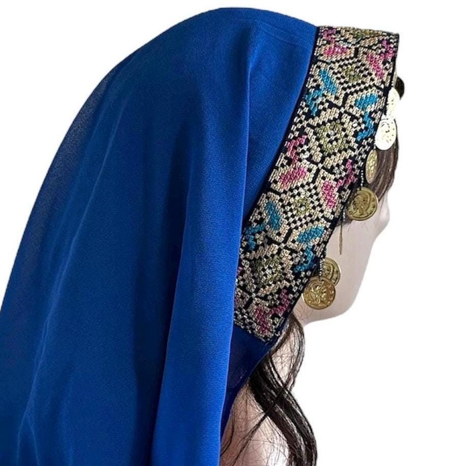 Cultural Palestinian Blue Tatreez Headpiece with Coins