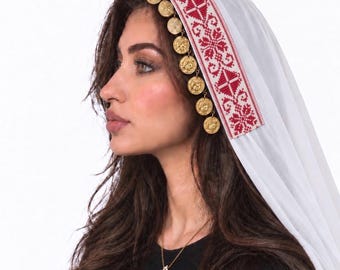 Cultural Palestinian White & Red Tatreez Tarha/Veil with Coins