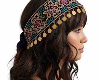 Navy Tatreez Headband with Coins
