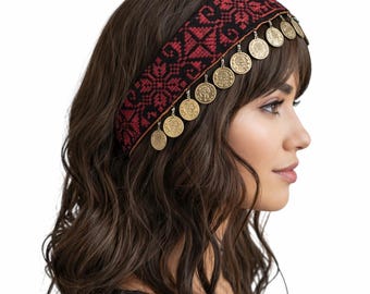 Red Tatreez Headband with Coins