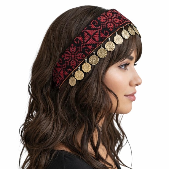 Red Tatreez Headband with Coins