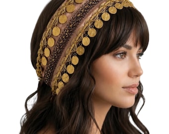 Elegant Cultural Satin Brown Coin Headpiece | Middle Eastern Head Accesory