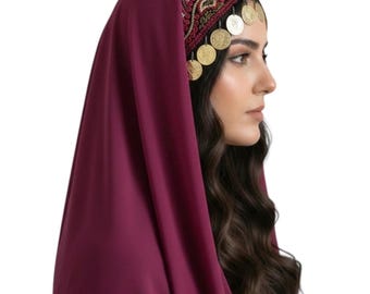 Cultural Palestinian Burgundy Tatreez Tarha/Veil with Coins