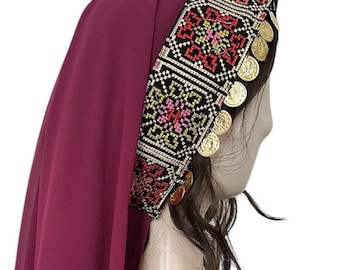 Cultural Palestinian Burgundy Tatreez Veil with Coins