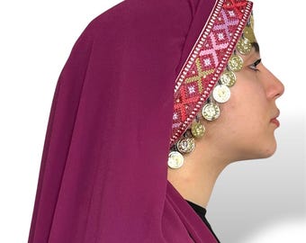 Cultural Palestinian Light Burgundy Tatreez Veil with Coins