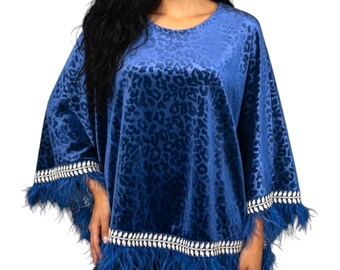 Velvet Blue Winter Poncho with Feathers