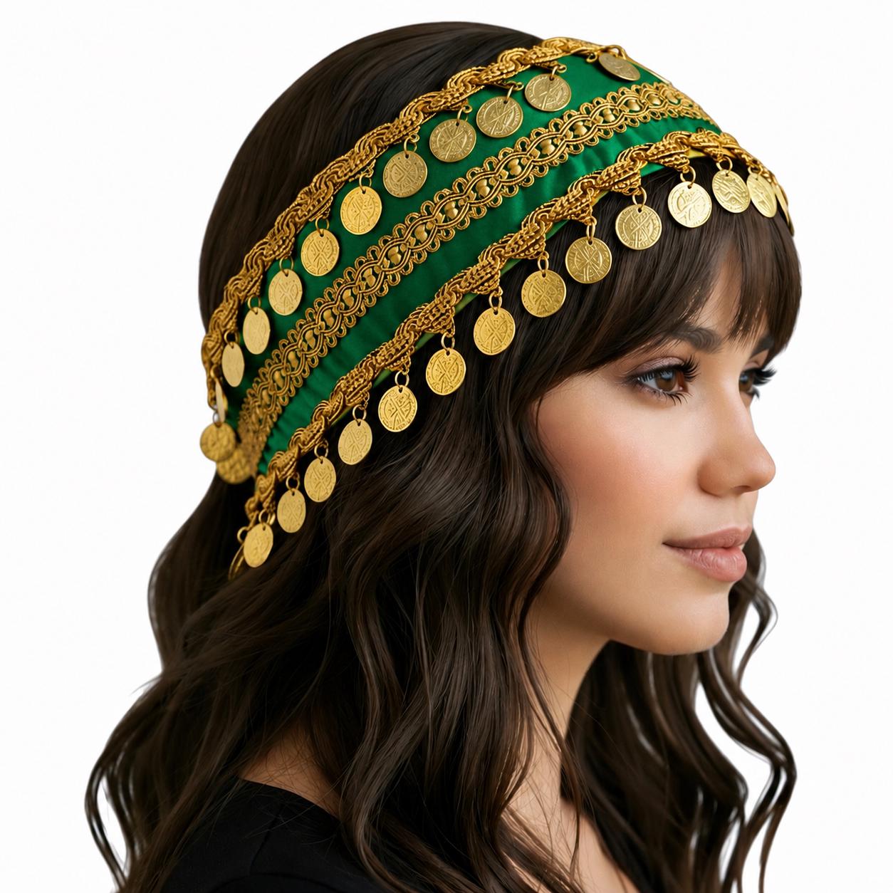 Elegant Cultural Emerald Green and Gold Coin Headpiece With  display picture 1