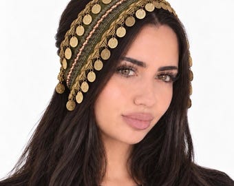 Elegant Cultural Satin Olive Coin Headpiece | Middle Eastern Head Accesory