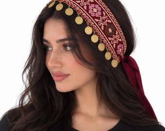 Burgundy Tatreez Headband with Coins