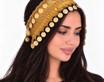 Elegant Cultural Satin Gold Coin Headpiece | Middle Eastern Head Accesory