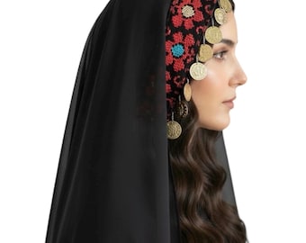 Cultural Palestinian Flower Tatreez Tarha/Veil with Coins