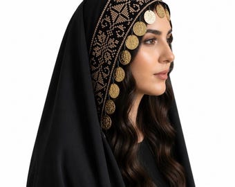 Cultural Palestinian Gold Tatreez Tarha/Veil with Coins