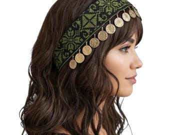Olive Green Tatreez Headband with Coins