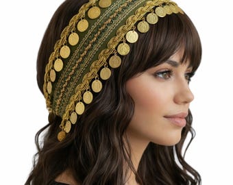 Elegant Cultural Satin Olive Coin Headpiece | Middle Eastern Head Accesory