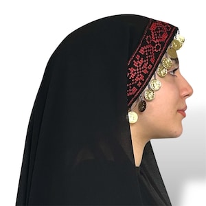 Cultural Palestinian Red Tatreez Veil with Coins