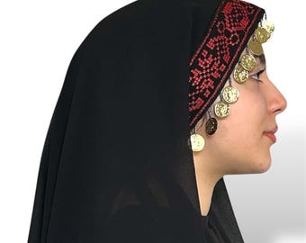 Cultural Palestinian Red Tatreez Veil with Coins