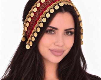 Elegant Cultural Satin Red Coin Headpiece | Middle Eastern Head Accesory