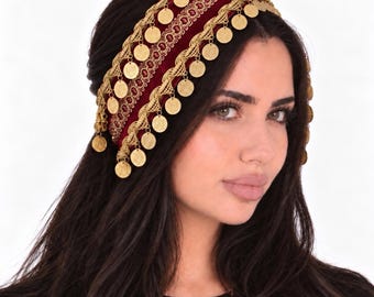 Elegant Cultural Satin Burgundy Coin Headpiece | Middle Eastern Head Accesory