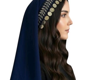 Cultural Palestinian Navy Tatreez Tarha/Veil with Coins