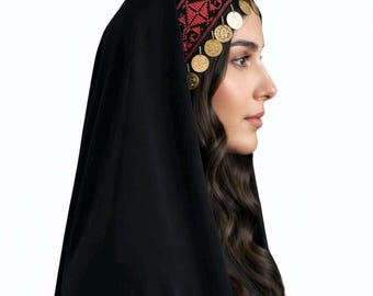 Cultural Palestinian Red Tatreez Veil with Coins