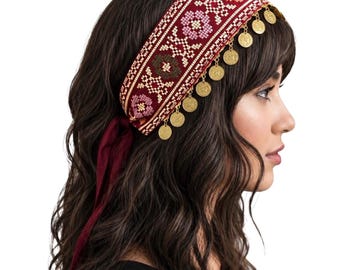 Burgundy Tatreez Headband with Coins