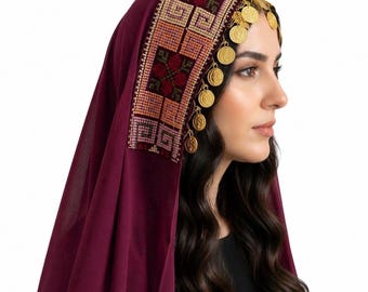 Cultural Palestinian Burgundy Tatreez Tarha/Veil with Coins