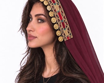 Cultural Palestinian Burgundy Tatreez Tarha/Veil with Coins