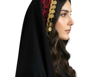 Cultural Palestinian Red Tatreez Tarha/Veil with Coins