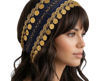 Elegant Cultural Satin Navy Coin Headpiece | Middle Eastern Head Accesory