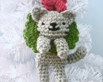 Amigurumi Crochet Cat in a Wreath Christmas Ornament Pattern Digital Download