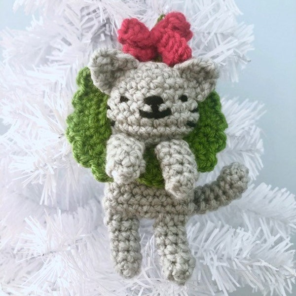 Amigurumi Crochet Cat in a Wreath Christmas Ornament Pattern Digital Download