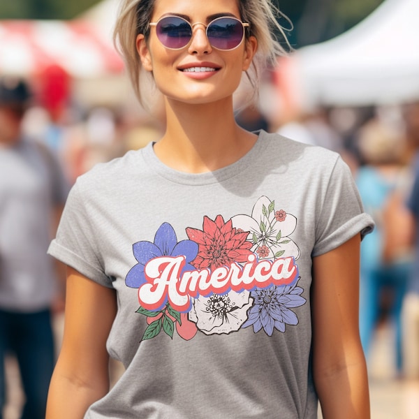 America flower tshirt memorial day shirt red white and royal blue girls trip apparel merica shirt tween girl gifts niece gift from aunt