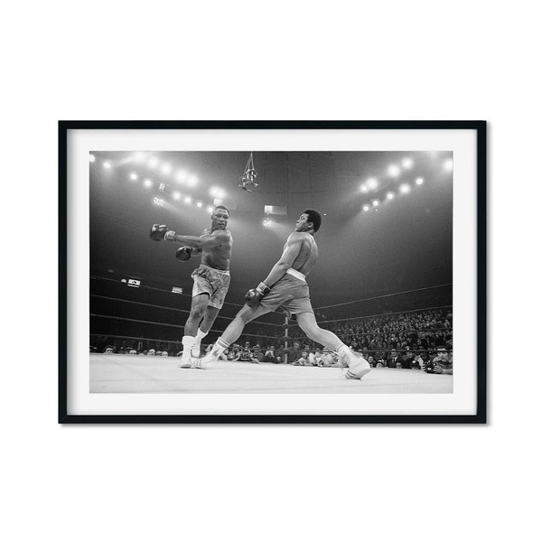 Muhammad Ali vs Joe Frazier zwart-wit fotoprint, Muhammad Ali kunst aan de muur, vintage print, fotografie prints, hoge kwaliteit fotoprint