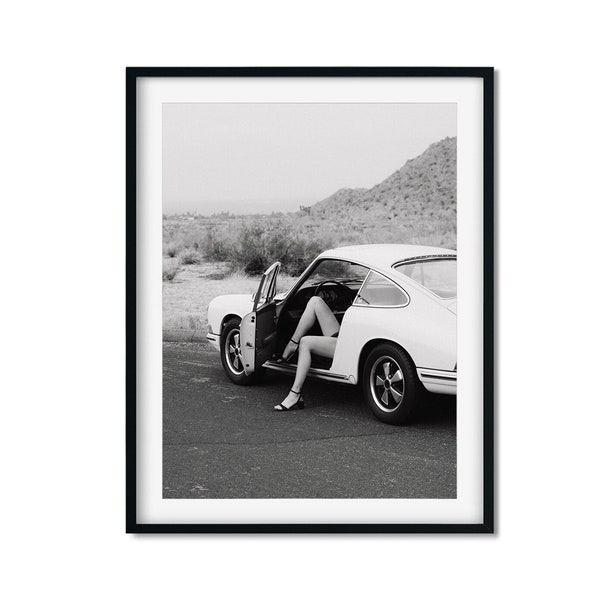 Woman In Porsche 911 Black and White Photo Print, Vintage Print, Photography Prints, Classic Porsche Car Wall Art, High Quality Photo Print
