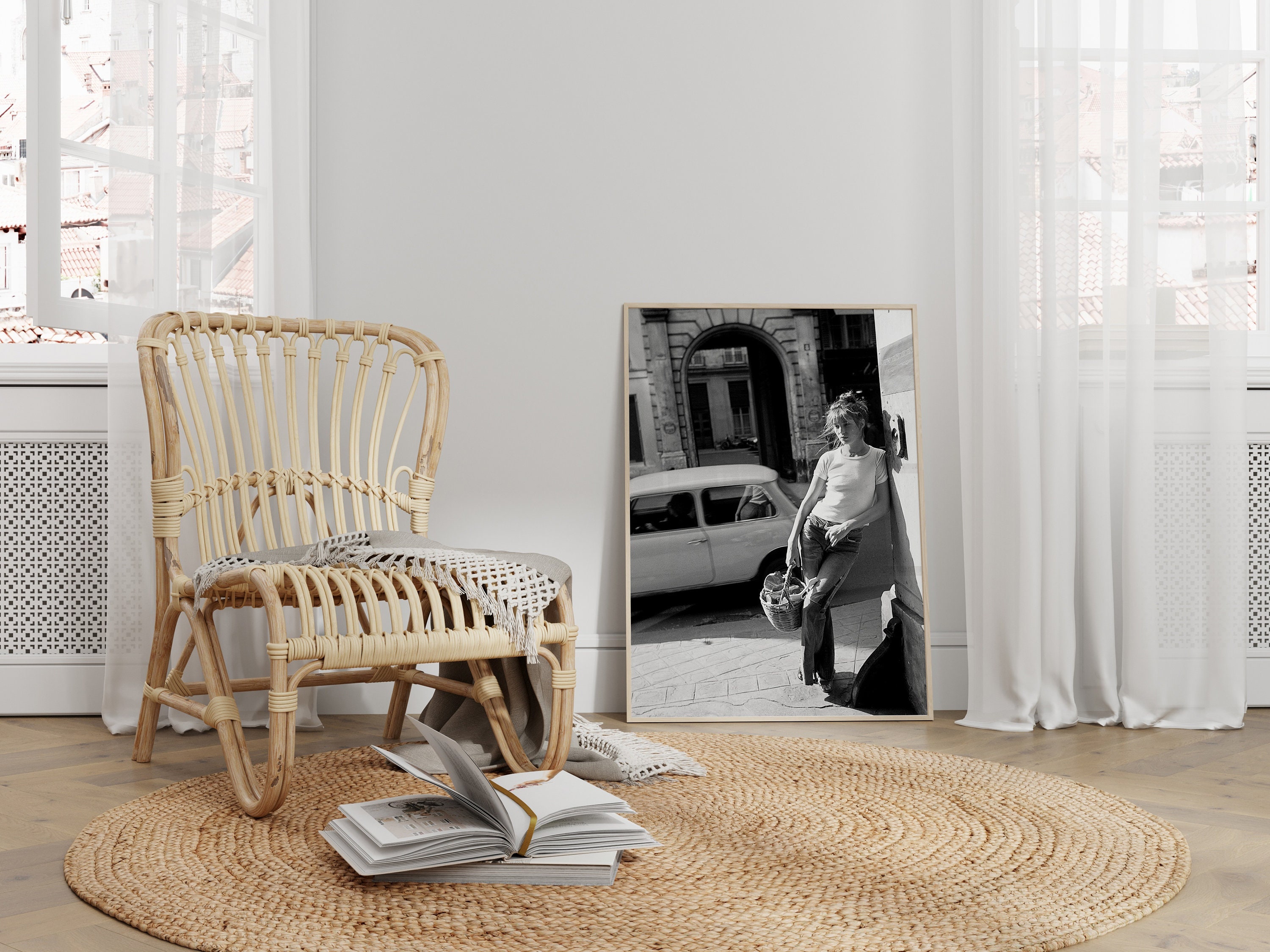 Jane Birkin Wicker Basket Black and White Photo Print, Vogue Fashion