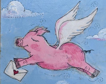 Original miniature acrylic painting on wood, flying pig with letter, whimsical wall art, tiny art